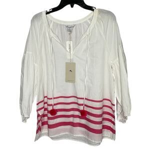 Tommy Bahama Pom Stripe Lightweight White Cotton Pink 3/4 Sleeve Top Medium New